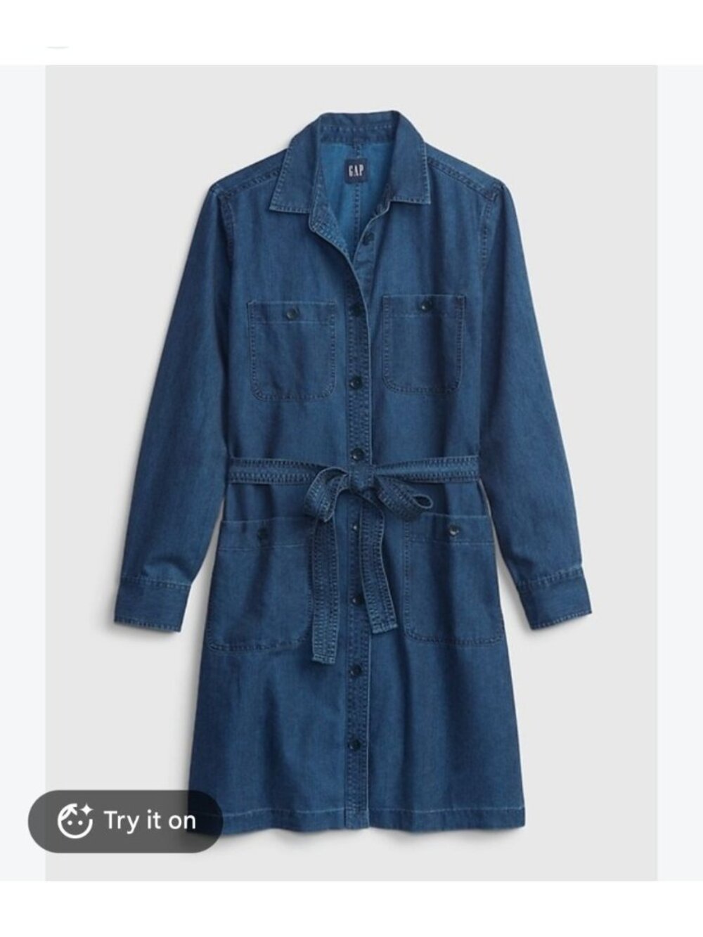 New! NWT Tie Waist Denim Mini Shirt Dress Dark Blue Stretch